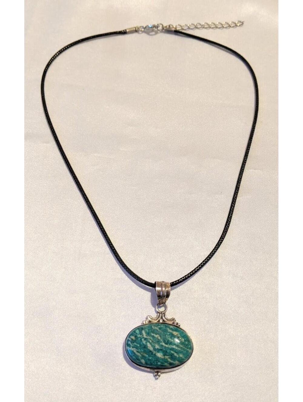Vintage Siberian Amazonite 925 Sterling Silver Pendant Necklace Handmade NOS - Picture 4 of 7